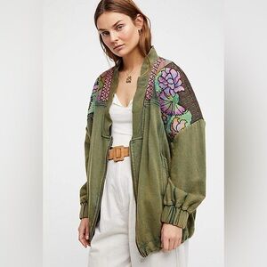 Free People Antigua cardi green multicolor floral embroidery jacket oversized